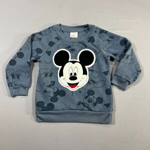 Disney Mickey Mouse Sweatshirt Kids 4T Gray All Over Print Ribbed Trim Crew Neck